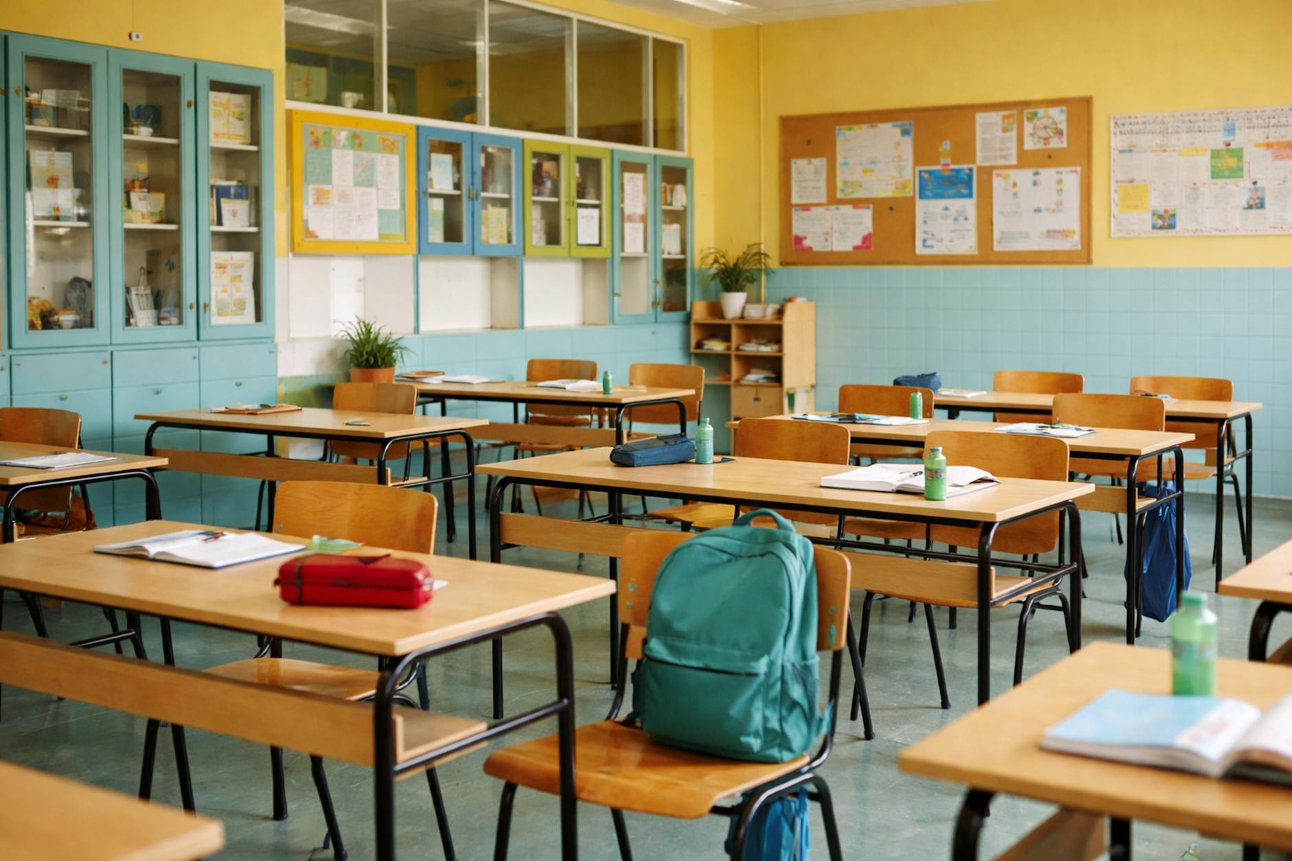 empty classroom with desks and backpacks