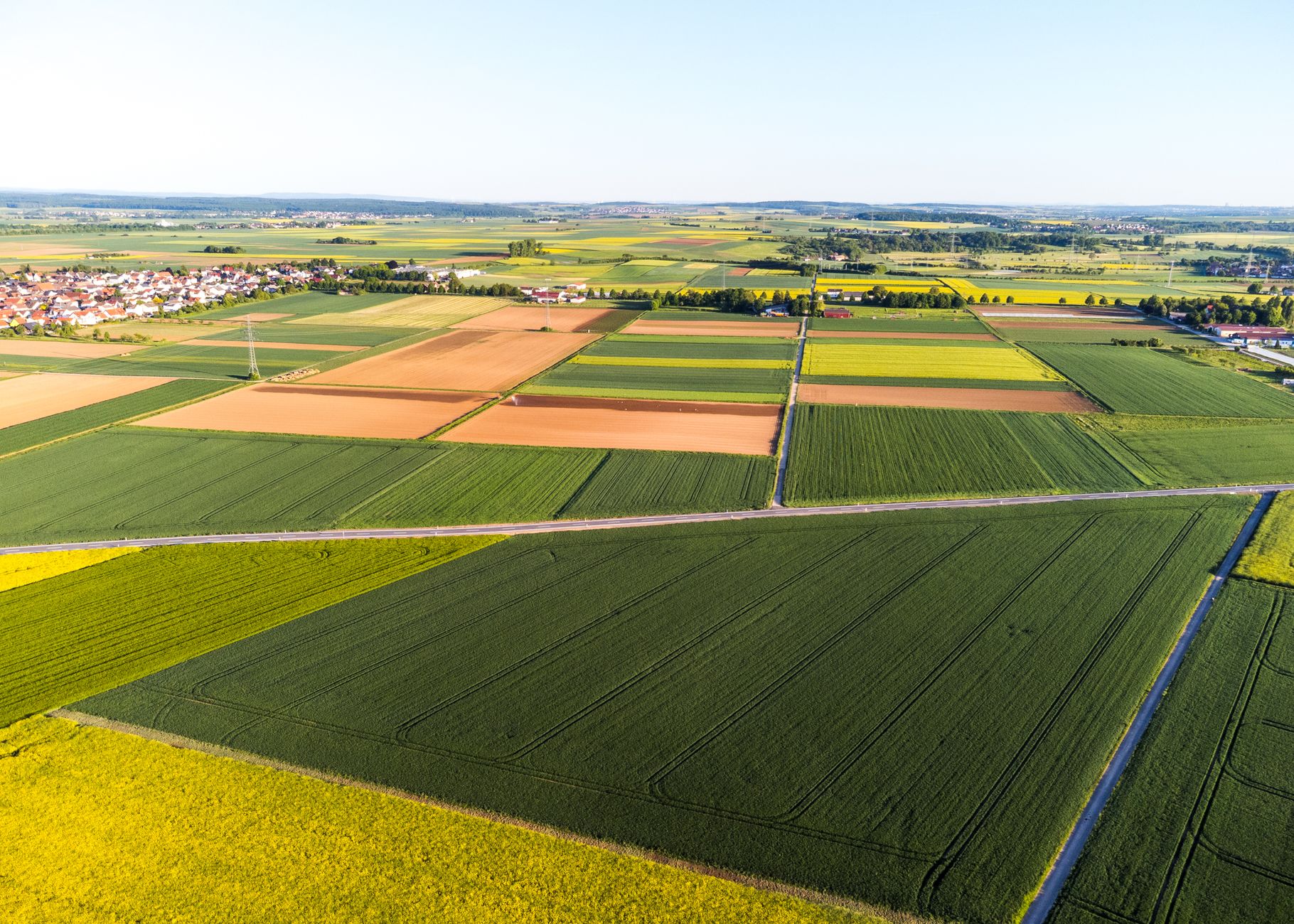 aerial view of colorful patchwork fields